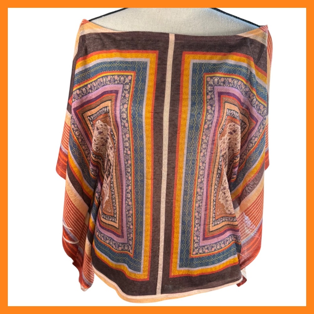 ESTAM Colorful Print Poncho Top Tunic Cover‎ Up Bohemian Festival Size Large